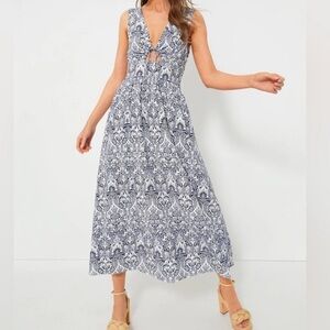Hyacinth House Maxi Tuckernuck Navy Scroll Print Toula Linen Keyhole Dress XS